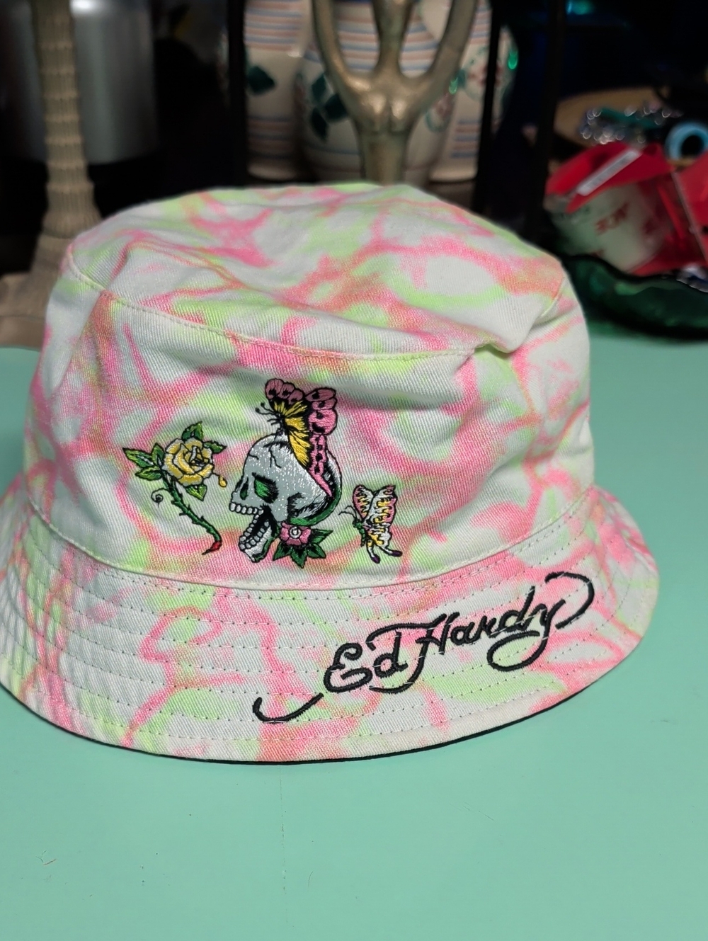 Ed Hardy Neon Pink & Lime Tie-Dye Skull Bucket Hat
